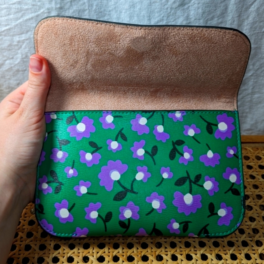 NWOT Kate Spade Molly Party Green Clutch - ditsy purple floral leather wallet - Picture 3 of 11